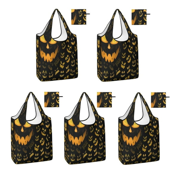 5 Pack Foldable Shopping Bag,Halloween Spooky Jack O Lanterns Reusable Grocery Bags with Pockets,Large Reusable Tote Bags with Handles Waterproof & Lightweight