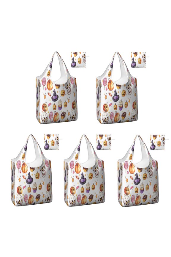 5 Pack Foldable Shopping Bag,Halloween Treats Pattern Reusable Grocery Bags with Pockets,Large Reusable Tote Bags with Handles Waterproof & Lightweight