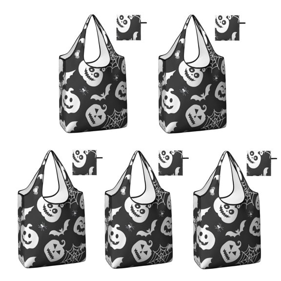 5 Pack Foldable Shopping Bag,Halloween White Ghosts Pumpkins and Spider Webs Reusable Grocery Bags with Pockets,Large Reusable Tote Bags with Handles Waterproof & Lightweight