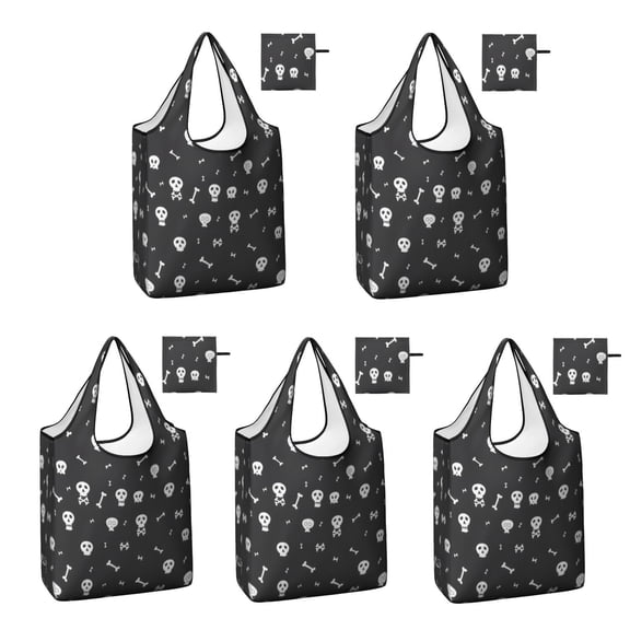 5 Pack Foldable Shopping Bag,Halloween White Skulls and Bones Reusable Grocery Bags with Pockets,Large Reusable Tote Bags with Handles Waterproof & Lightweight