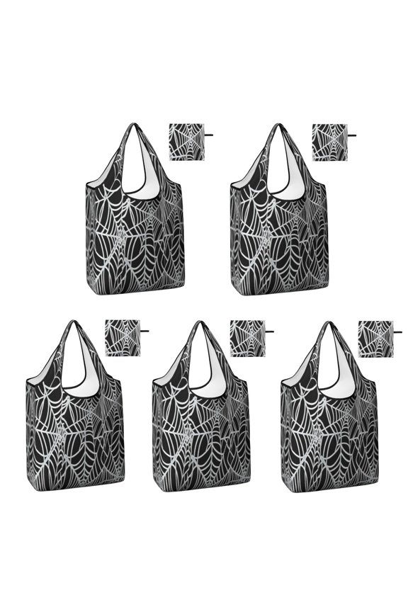 5 Pack Foldable Shopping Bag,Halloween White Spider Web Pattern Reusable Grocery Bags with Pockets,Large Reusable Tote Bags with Handles Waterproof & Lightweight