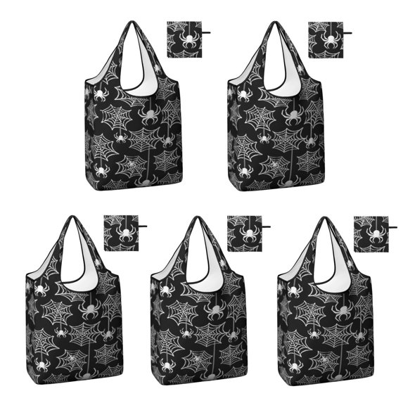 5 Pack Foldable Shopping Bag,Halloween White Spider Webs and Spiders Pattern Reusable Grocery Bags with Pockets,Large Reusable Tote Bags with Handles Waterproof & Lightweight