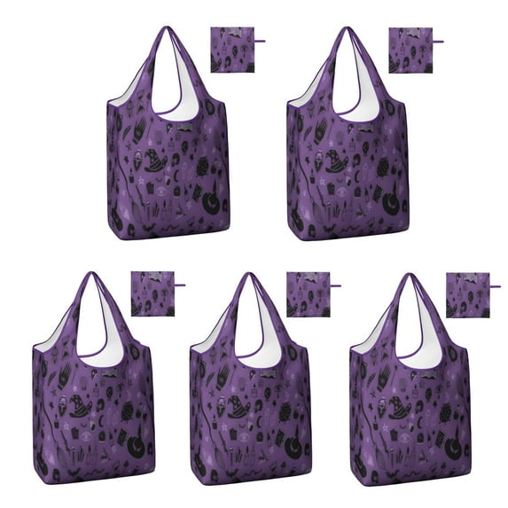 5 Pack Foldable Shopping Bag,Halloween Witchy Elements Pattern Reusable Grocery Bags with Pockets,Large Reusable Tote Bags with Handles Waterproof & Lightweight