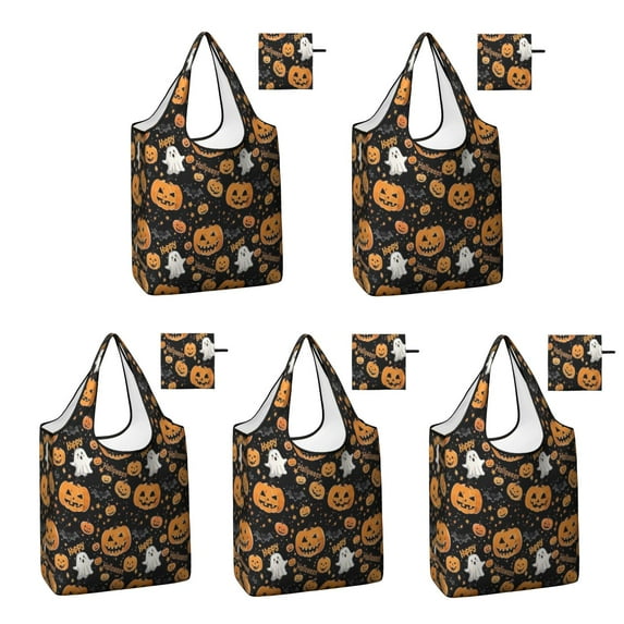 5 Pack Foldable Shopping Bag,Happy Halloween Pumpkin Pattern Reusable Grocery Bags with Pockets,Large Reusable Tote Bags with Handles Waterproof & Lightweight