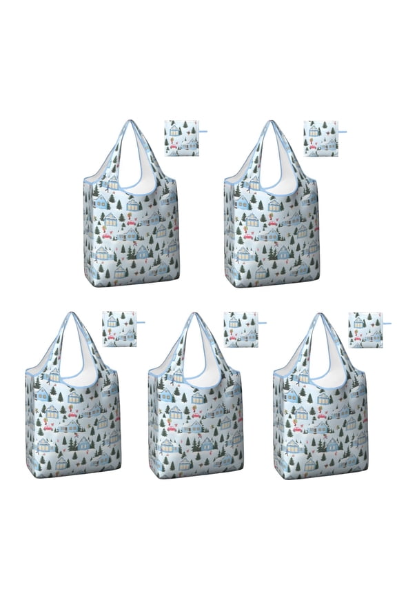 5 Pack Foldable Shopping Bag,Light Blue Christmas House and Tree Pattern Reusable Grocery Bags with Pockets,Large Reusable Tote Bags with Handles Waterproof & Lightweight