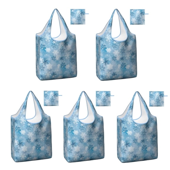 5 Pack Foldable Shopping Bag,Light Blue Christmas Snowflake Pattern Reusable Grocery Bags with Pockets,Large Reusable Tote Bags with Handles Waterproof & Lightweight