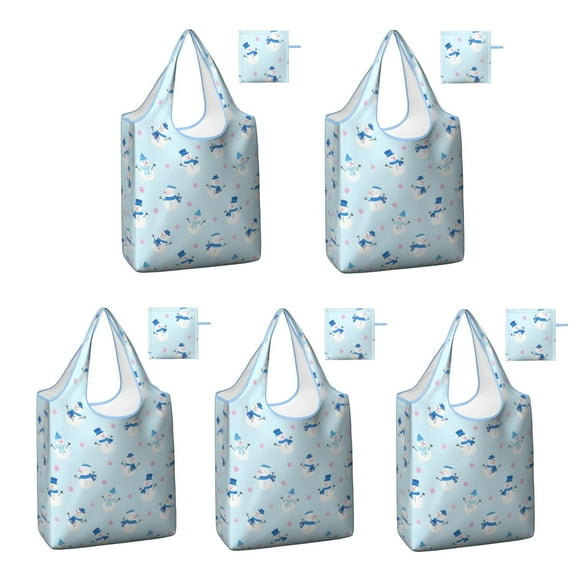 5 Pack Foldable Shopping Bag,Light Blue Christmas Snowman Pattern Reusable Grocery Bags with Pockets,Large Reusable Tote Bags with Handles Waterproof & Lightweight
