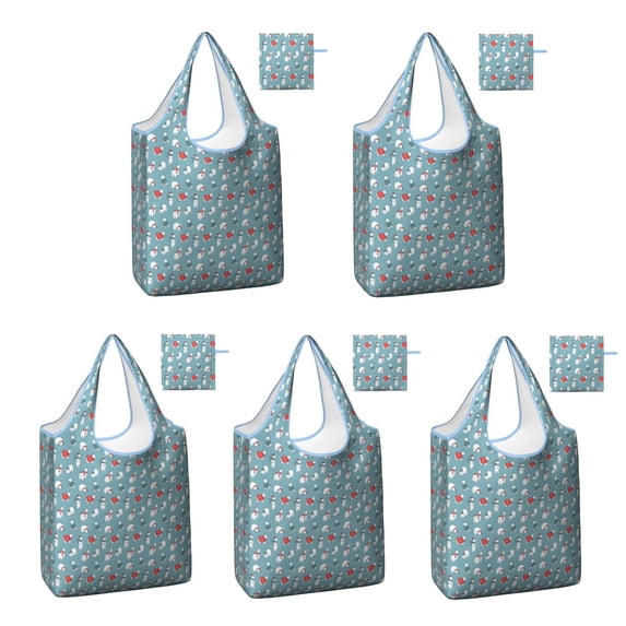 5 Pack Foldable Shopping Bag,Light Blue Christmas Snowman Pattern Reusable Grocery Bags with Pockets,Large Reusable Tote Bags with Handles Waterproof & Lightweight