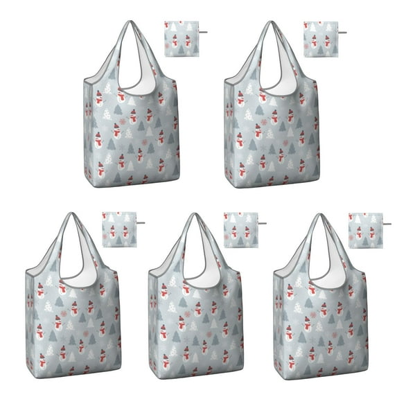 5 Pack Foldable Shopping Bag,Light Blue Christmas Snowman and Tree Pattern Reusable Grocery Bags with Pockets,Large Reusable Tote Bags with Handles Waterproof & Lightweight