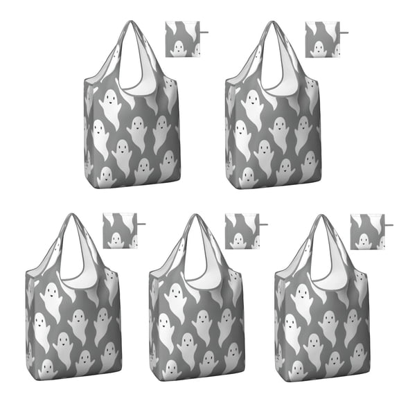 5 Pack Foldable Shopping Bag,Minimalist Halloween Ghosts Pattern Reusable Grocery Bags with Pockets,Large Reusable Tote Bags with Handles Waterproof & Lightweight
