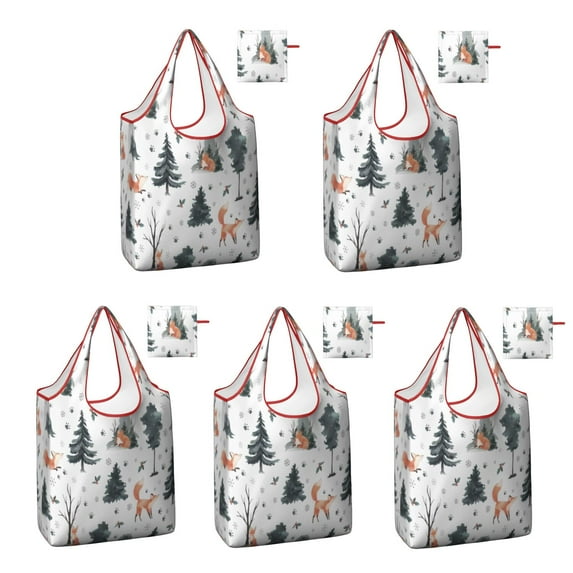 5 Pack Foldable Shopping Bag,Multicolor Christmas Forest Pattern Reusable Grocery Bags with Pockets,Large Reusable Tote Bags with Handles Waterproof & Lightweight