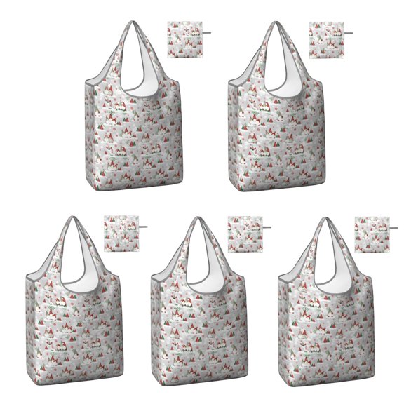 5 Pack Foldable Shopping Bag,Multicolor Christmas Gnome Pattern Reusable Grocery Bags with Pockets,Large Reusable Tote Bags with Handles Waterproof & Lightweight