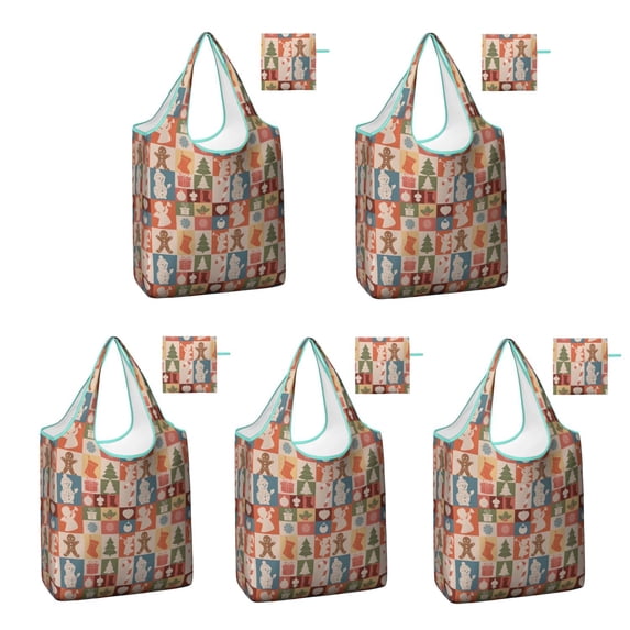 5 Pack Foldable Shopping Bag,Multicolor Christmas Icon Pattern Reusable Grocery Bags with Pockets,Large Reusable Tote Bags with Handles Waterproof & Lightweight