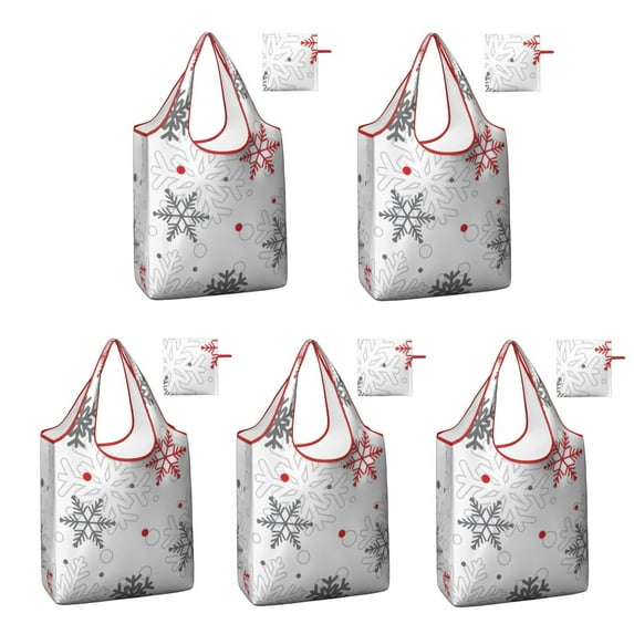 5 Pack Foldable Shopping Bag,Multicolor Christmas Snowflake Pattern Reusable Grocery Bags with Pockets,Large Reusable Tote Bags with Handles Waterproof & Lightweight