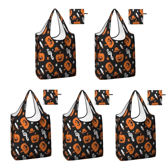 5 Pack Foldable Shopping Bag,Musical Halloween Icons Pattern Reusable Grocery Bags with Pockets,Large Reusable Tote Bags with Handles Waterproof & Lightweight