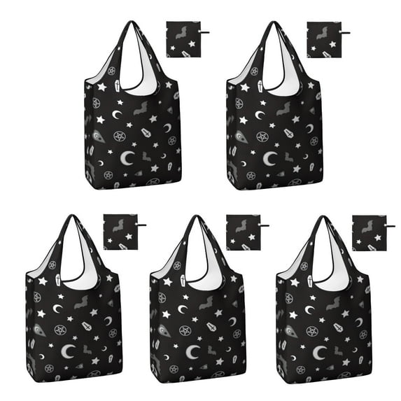 5 Pack Foldable Shopping Bag,Occult Halloween Pattern Reusable Grocery Bags with Pockets,Large Reusable Tote Bags with Handles Waterproof & Lightweight