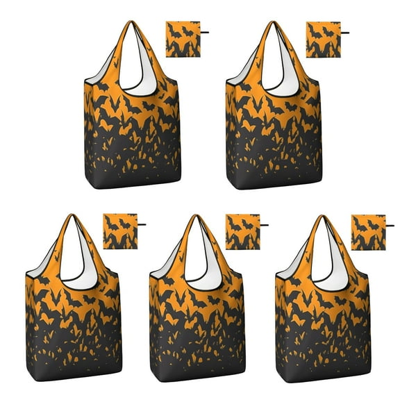 5 Pack Foldable Shopping Bag,Orange Halloween Bats Reusable Grocery Bags with Pockets,Large Reusable Tote Bags with Handles Waterproof & Lightweight
