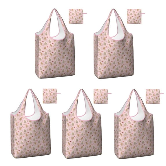 5 Pack Foldable Shopping Bag,Pink Christmas Gingerbread Pattern Reusable Grocery Bags with Pockets,Large Reusable Tote Bags with Handles Waterproof & Lightweight