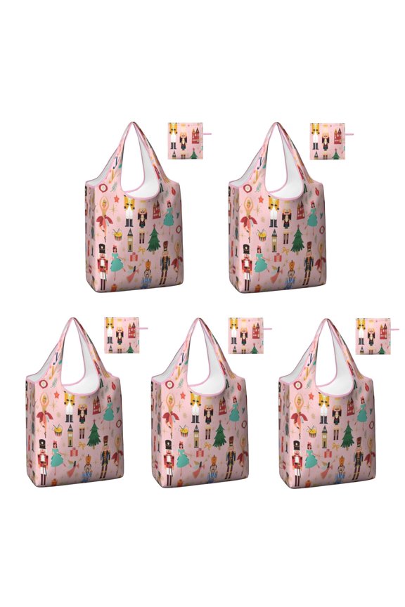 5 Pack Foldable Shopping Bag,Pink Christmas Nutcracker Pattern Reusable Grocery Bags with Pockets,Large Reusable Tote Bags with Handles Waterproof & Lightweight