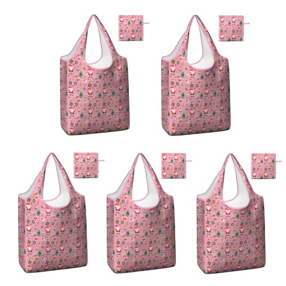 5 Pack Foldable Shopping Bag,Pink Christmas Santa and Tree Pattern Reusable Grocery Bags with Pockets,Large Reusable Tote Bags with Handles Waterproof & Lightweight