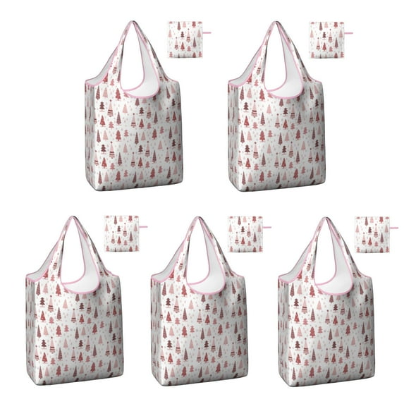 5 Pack Foldable Shopping Bag,Pink Christmas Tree Pattern Reusable Grocery Bags with Pockets,Large Reusable Tote Bags with Handles Waterproof & Lightweight