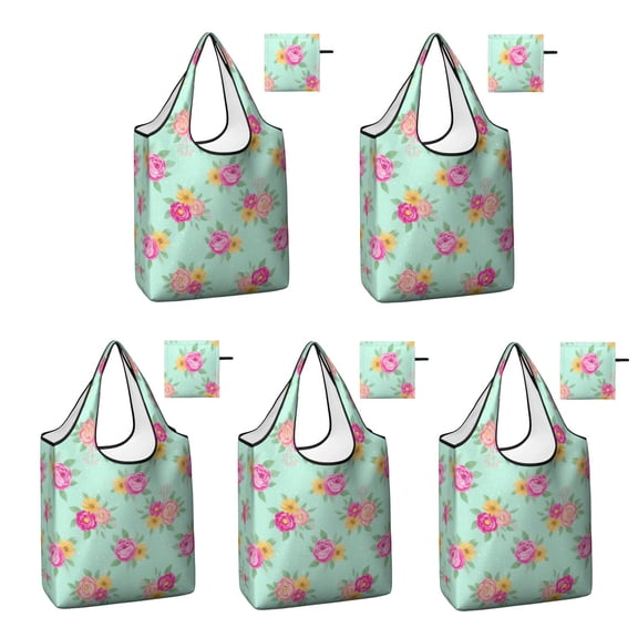 5 Pack Foldable Shopping Bag,Pioneer Flower Floral Print Pattern Reusable Grocery Bags with Pockets,Large Reusable Tote Bags with Handles Waterproof & Lightweight