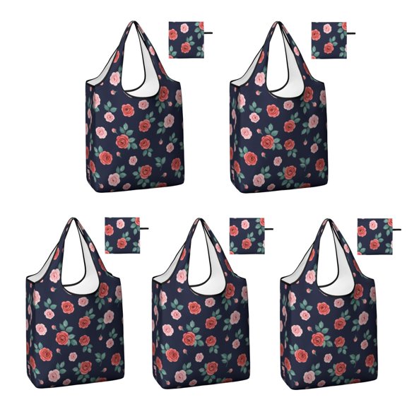 5 Pack Foldable Shopping Bag,Pioneer Flower Floral Print Pattern Reusable Grocery Bags with Pockets,Large Reusable Tote Bags with Handles Waterproof & Lightweight