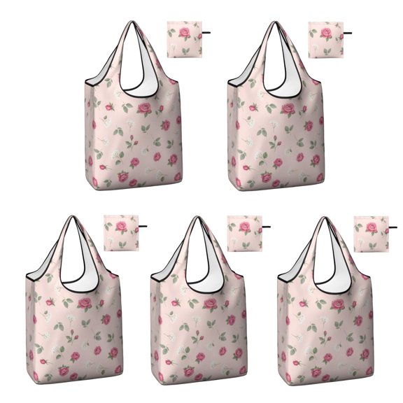 5 Pack Foldable Shopping Bag,Pioneer Flower Floral Print Pattern Reusable Grocery Bags with Pockets,Large Reusable Tote Bags with Handles Waterproof & Lightweight