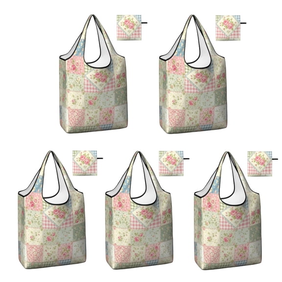 5 Pack Foldable Shopping Bag,Pioneer Flower Floral Print Pattern Reusable Grocery Bags with Pockets,Large Reusable Tote Bags with Handles Waterproof & Lightweight