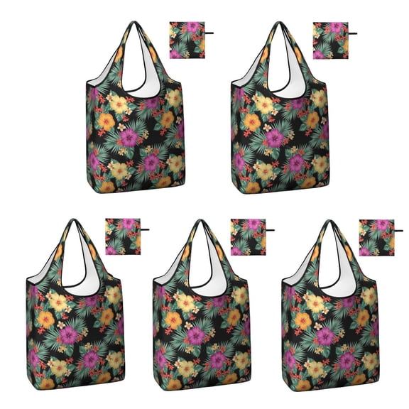 5 Pack Foldable Shopping Bag,Pioneer Flower Floral Print Pattern Reusable Grocery Bags with Pockets,Large Reusable Tote Bags with Handles Waterproof & Lightweight