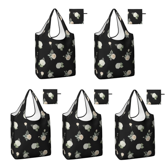 5 Pack Foldable Shopping Bag,Pioneer Flower Floral Print Pattern Reusable Grocery Bags with Pockets,Large Reusable Tote Bags with Handles Waterproof & Lightweight