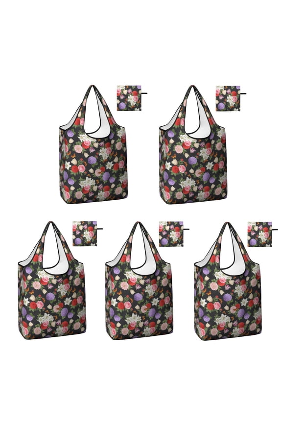 5 Pack Foldable Shopping Bag,Pioneer Flower Floral Print Pattern Reusable Grocery Bags with Pockets,Large Reusable Tote Bags with Handles Waterproof & Lightweight