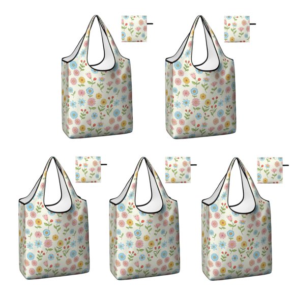 5 Pack Foldable Shopping Bag,Pioneer Flower Floral Print Pattern Reusable Grocery Bags with Pockets,Large Reusable Tote Bags with Handles Waterproof & Lightweight