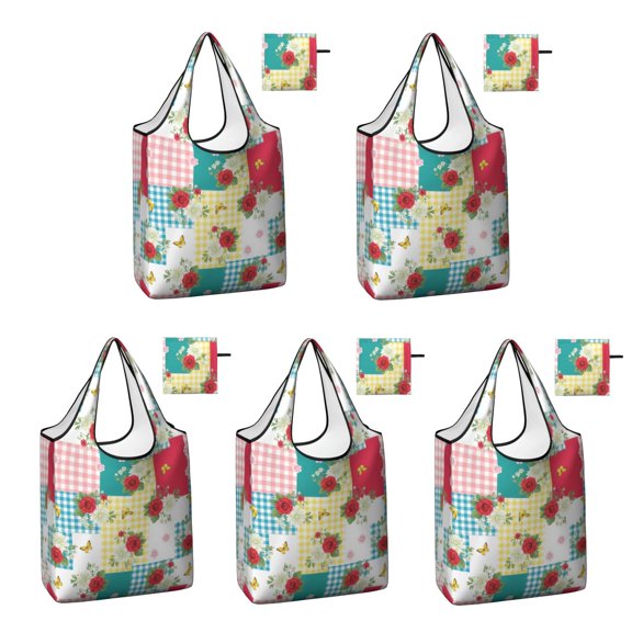 5 Pack Foldable Shopping Bag,Pioneer Flower Floral Print Pattern Reusable Grocery Bags with Pockets,Large Reusable Tote Bags with Handles Waterproof & Lightweight