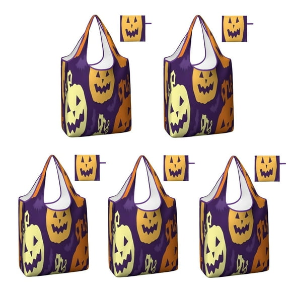 5 Pack Foldable Shopping Bag,Purple Halloween Jack Lanterns Reusable Grocery Bags with Pockets,Large Reusable Tote Bags with Handles Waterproof & Lightweight