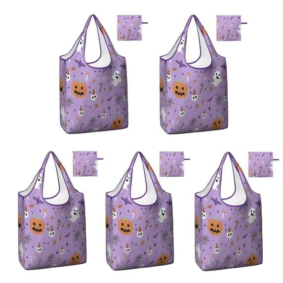 5 Pack Foldable Shopping Bag,Purple Halloween Pattern Reusable Grocery Bags with Pockets,Large Reusable Tote Bags with Handles Waterproof & Lightweight