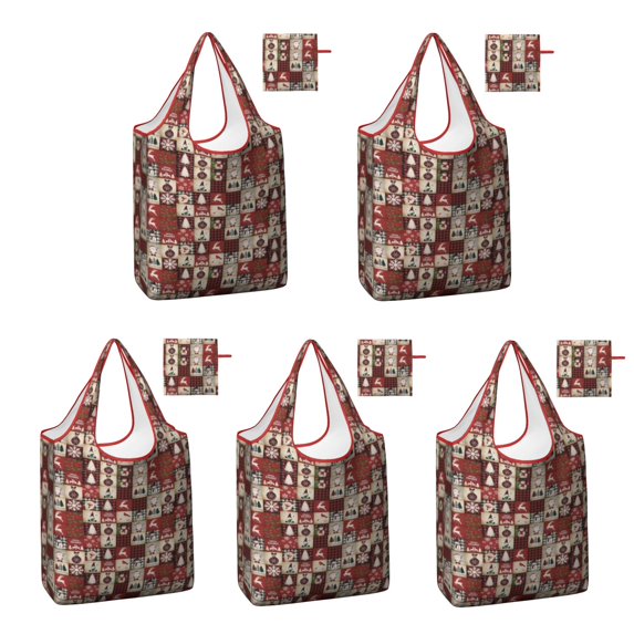 5 Pack Foldable Shopping Bag,Red Christmas Collage Pattern Reusable Grocery Bags with Pockets,Large Reusable Tote Bags with Handles Waterproof & Lightweight