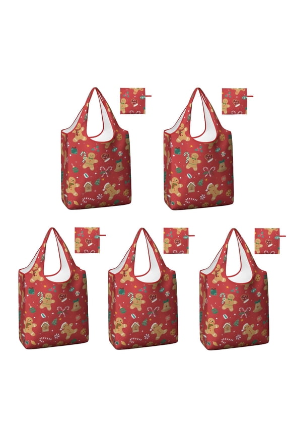 5 Pack Foldable Shopping Bag,Red Christmas Gingerbread Man Pattern Reusable Grocery Bags with Pockets,Large Reusable Tote Bags with Handles Waterproof & Lightweight