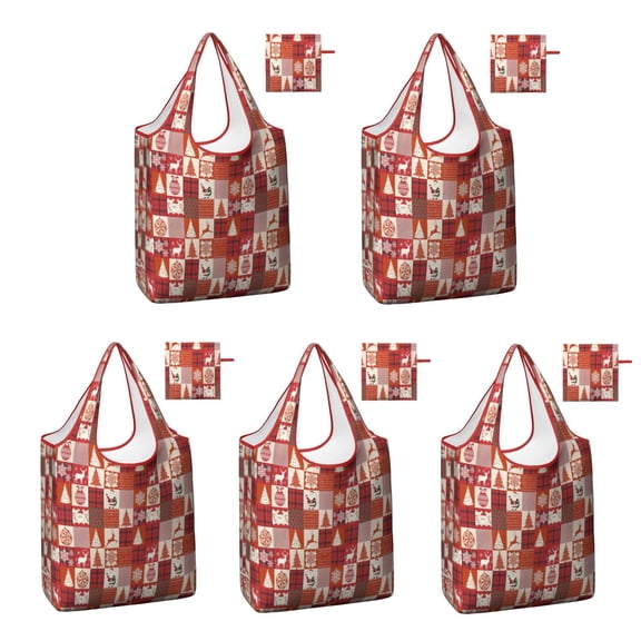 5 Pack Foldable Shopping Bag,Red Christmas Patchwork Pattern Reusable Grocery Bags with Pockets,Large Reusable Tote Bags with Handles Waterproof & Lightweight