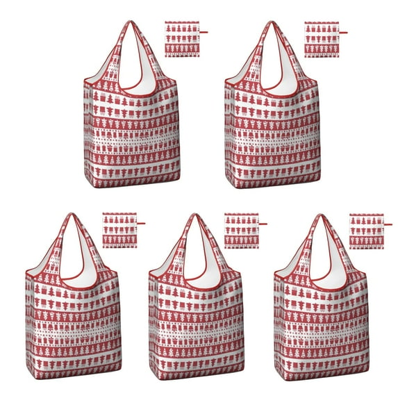 5 Pack Foldable Shopping Bag,Red Christmas Pattern Reusable Grocery Bags with Pockets,Large Reusable Tote Bags with Handles Waterproof & Lightweight