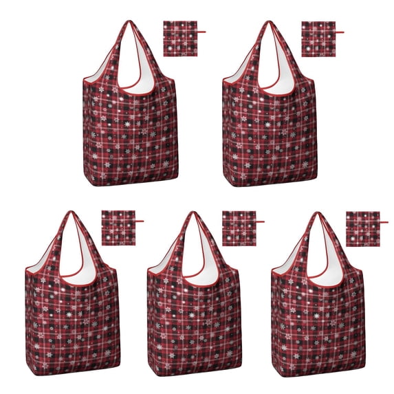 5 Pack Foldable Shopping Bag,Red Christmas Plaid and Snowflake Pattern Reusable Grocery Bags with Pockets,Large Reusable Tote Bags with Handles Waterproof & Lightweight