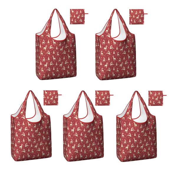 5 Pack Foldable Shopping Bag,Red Christmas Reindeer Pattern Reusable Grocery Bags with Pockets,Large Reusable Tote Bags with Handles Waterproof & Lightweight