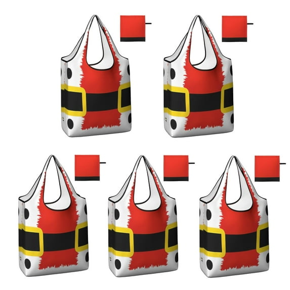 5 Pack Foldable Shopping Bag,Red Christmas Santa Costume Pattern Reusable Grocery Bags with Pockets,Large Reusable Tote Bags with Handles Waterproof & Lightweight