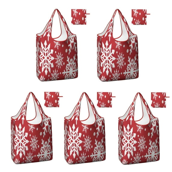 5 Pack Foldable Shopping Bag,Red Christmas Snowflake Pattern Reusable Grocery Bags with Pockets,Large Reusable Tote Bags with Handles Waterproof & Lightweight