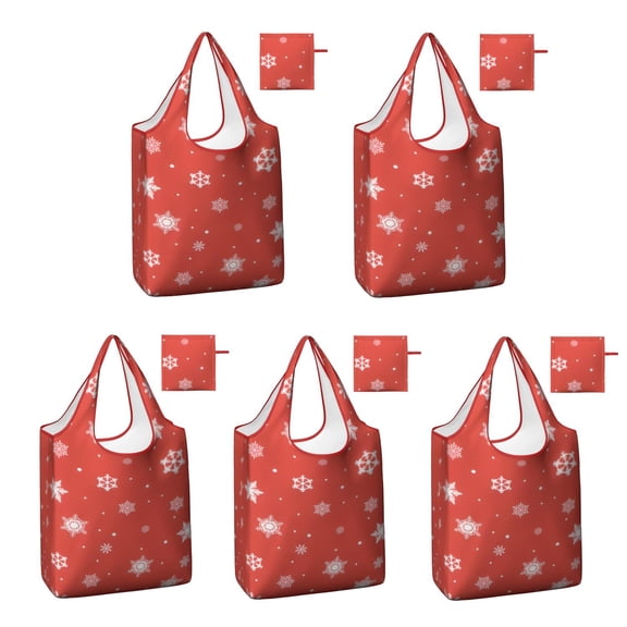 5 Pack Foldable Shopping Bag,Red Christmas Snowflake Pattern Reusable Grocery Bags with Pockets,Large Reusable Tote Bags with Handles Waterproof & Lightweight