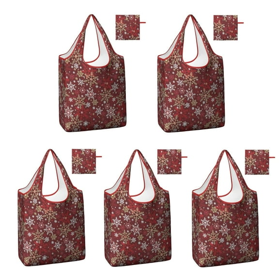 5 Pack Foldable Shopping Bag,Red Christmas Snowflake Pattern Reusable Grocery Bags with Pockets,Large Reusable Tote Bags with Handles Waterproof & Lightweight