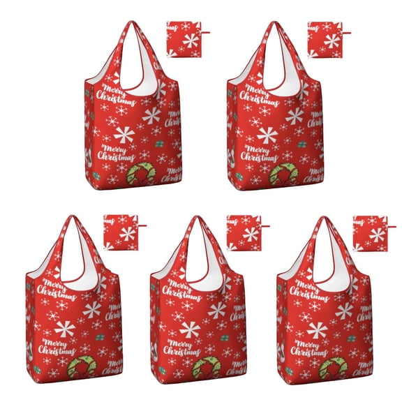 5 Pack Foldable Shopping Bag,Red Christmas Snowman Pattern Reusable Grocery Bags with Pockets,Large Reusable Tote Bags with Handles Waterproof & Lightweight