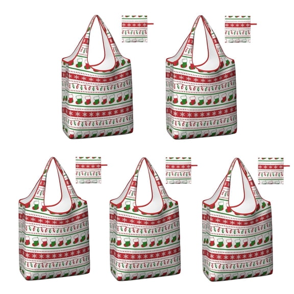 5 Pack Foldable Shopping Bag,Red Christmas Stocking and Snowflake Pattern Reusable Grocery Bags with Pockets,Large Reusable Tote Bags with Handles Waterproof & Lightweight