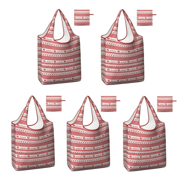 5 Pack Foldable Shopping Bag,Red Christmas Striped Pattern (2) Reusable Grocery Bags with Pockets,Large Reusable Tote Bags with Handles Waterproof & Lightweight