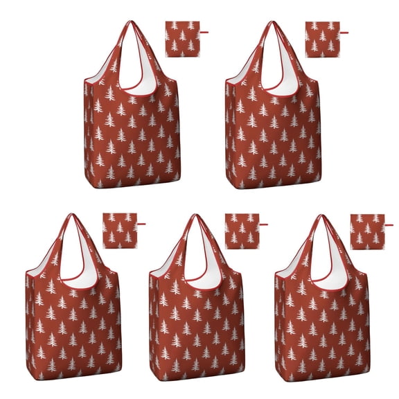5 Pack Foldable Shopping Bag,Red Christmas Tree Pattern Reusable Grocery Bags with Pockets,Large Reusable Tote Bags with Handles Waterproof & Lightweight